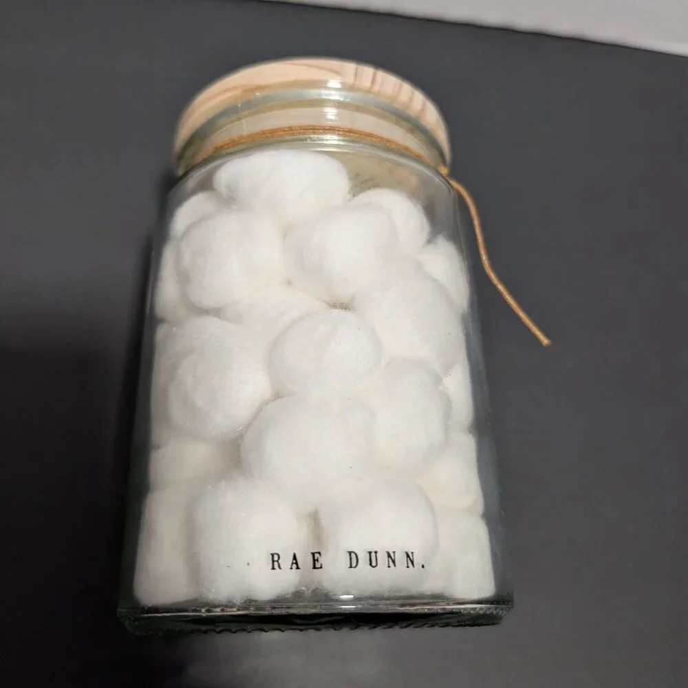 Rae Dunn 2020 Cotton Balls Clear Glass Jar Wooden‎ Lid New Bathroom Canister